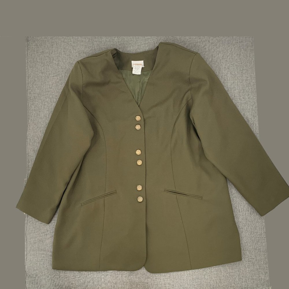 Roaman's Vintage Green Button Jacket Size 26 Made in USA V-Neck Long Sleeves‎